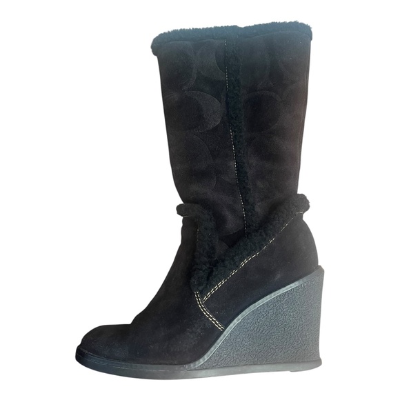 Coach Shoes - Coach Jordana Boots Women 6 M Black Suede Wedge Signature Logo Fur Trim Size 36M